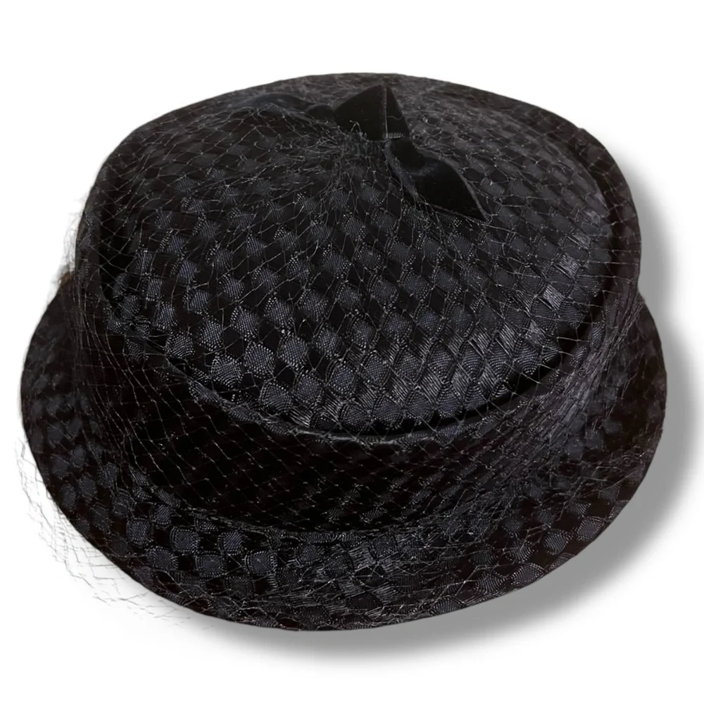 Navy Blue Vintage Woven Hat with Veil and Bow - Picture 2 of 5